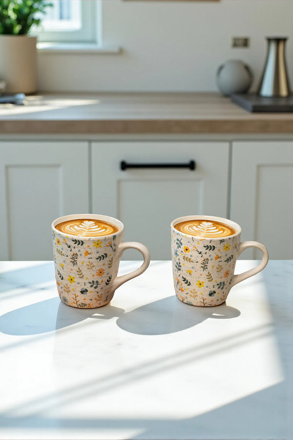 Two floral-patterned mugs with coffee on a kitchen counter