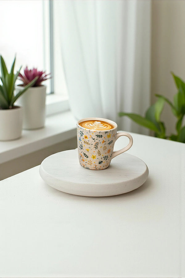 Floral mug with a drink on a white surface near a window with plants.