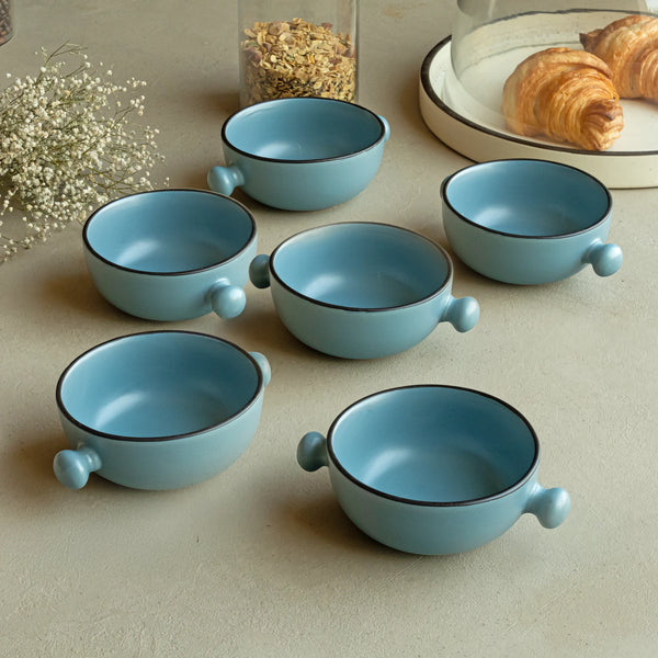 Handmade 280ml ceramic serving bowls in deep sea blue, non-toxic with handles, set of 6