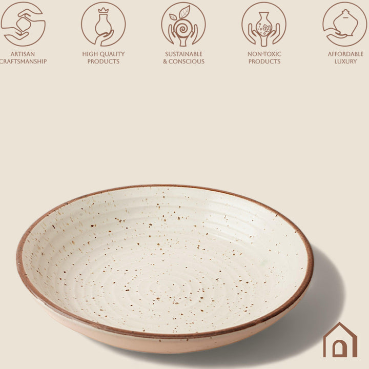 Durable ceramic pasta bowl 1 litre in sand color with maroon rim, glazed and non-toxic