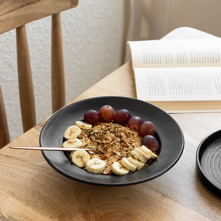 Durable ceramic pasta bowl in black glaze, 200ml, artisan handcrafted and lead-free safe.
