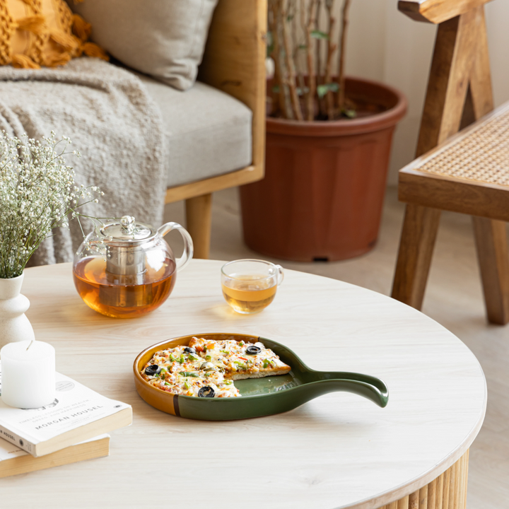 Elegant handcrafted ceramic platter in forest green and gold, pretty and ideal for serving pizza.
