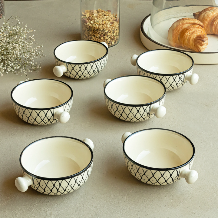 Elegant serving bowls, 280ml ceramic with black mesh on white, handmade, premium and pretty.