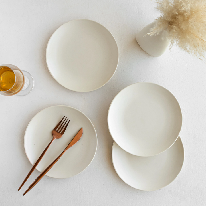 Elegant white quarter plate in fine ceramic, handmade and ideal for safe, stylish everyday meals
