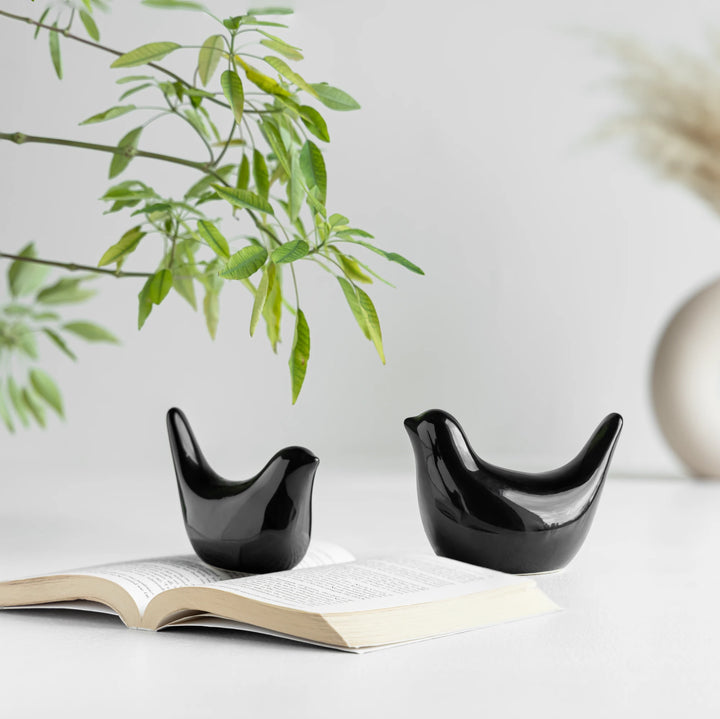 Two black bird ceramic figurines placed next to an open book on a white surface
