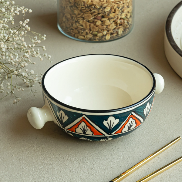 Multicoloured geometric ceramic bowls, 280ml each, handmade, non-toxic and safe for everyday dining.