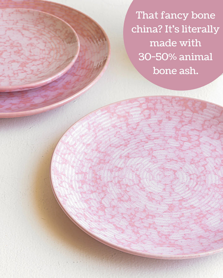 Beautiful glazed pink dinner set, bone ash-free ceramic bowl and plates for everyday meals.