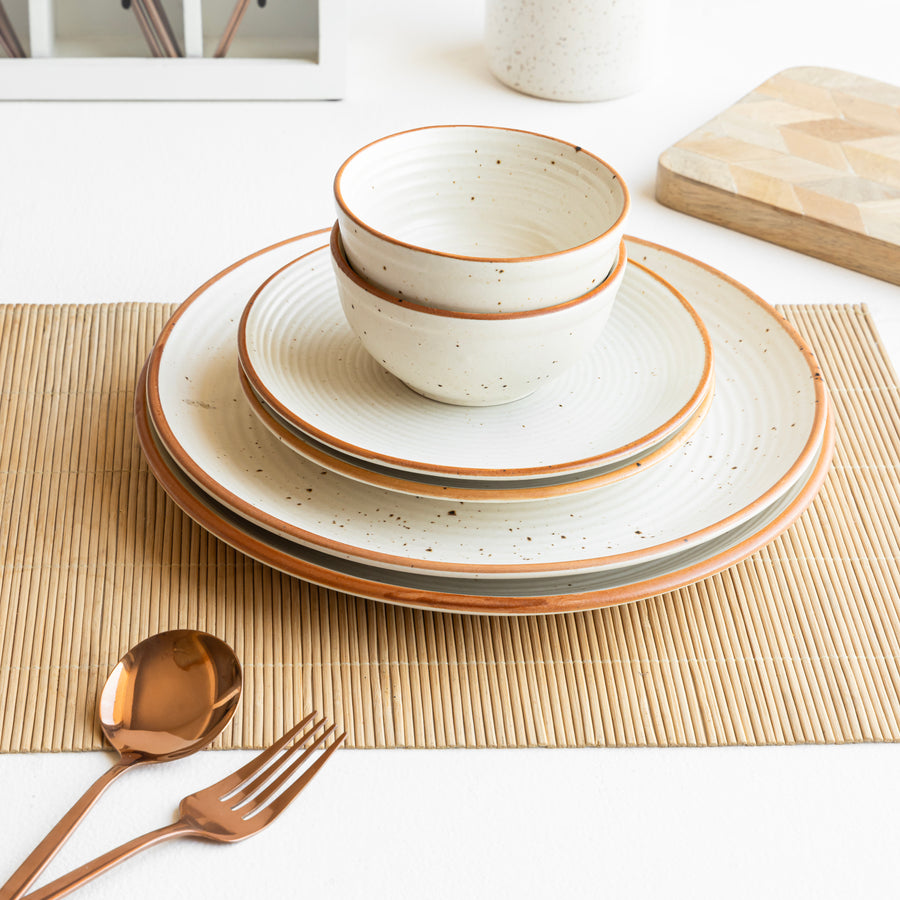 Glazed sand shade ceramic dinner set, bone ash-free and beautiful for everyday home use.