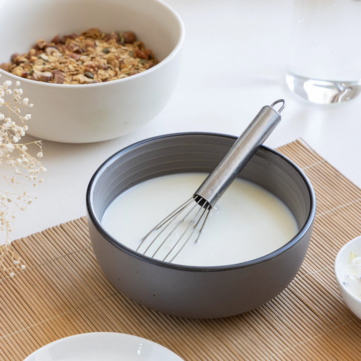 Microwave-safe grey ceramic bowl 1 litre with silver lining, bone ash-free and ethically handmade.