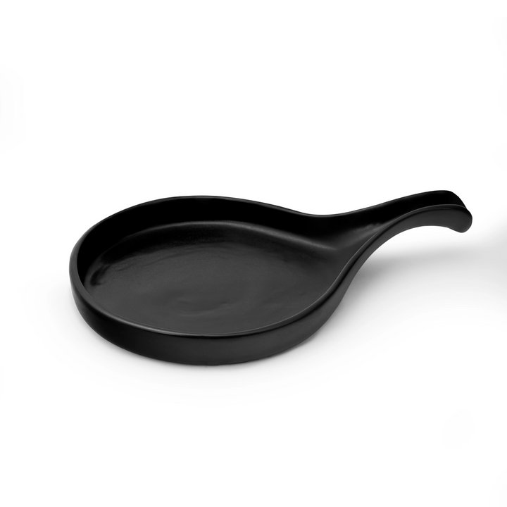 Pretty black ceramic platter with a long handle, artisan-made and ideal for home serveware.