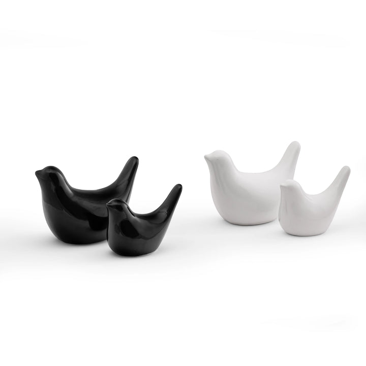 Beautiful ceramic bird family set in black and white, perfect for kids’ room or office decor.