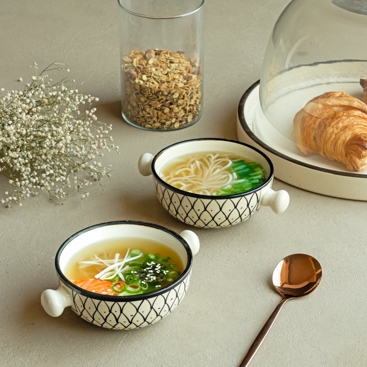 Handcrafted ceramic bowls, 280ml, with black lines on white glaze, luxury and non-toxic in set of 2