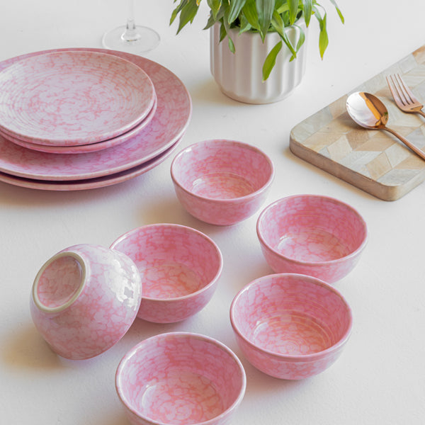 Set of 6 beautifully handcrafted pink ceramic bowls, 180ml, microwave and dishwasher safe and lead-free.