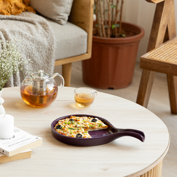 Spill-proof purple ceramic platter with glazed finish, handmade for safe and aesthetic dining. Perfect for pizza.