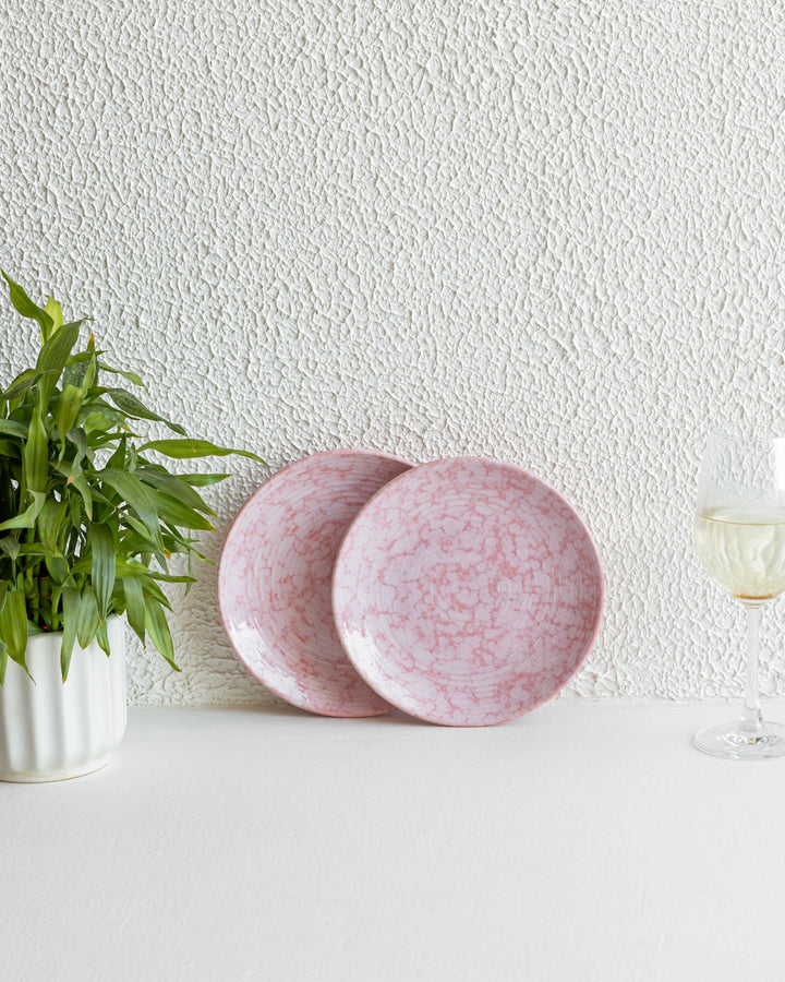 Bone ash-free ceramic quarter plate in rose glaze, handmade with fine detailing for safe dining