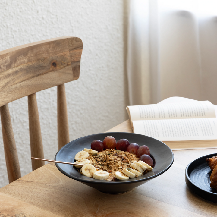 Pretty handmade black pasta bowl 200ml, non-toxic, artisan ceramic with fine glaze finish for daily use.