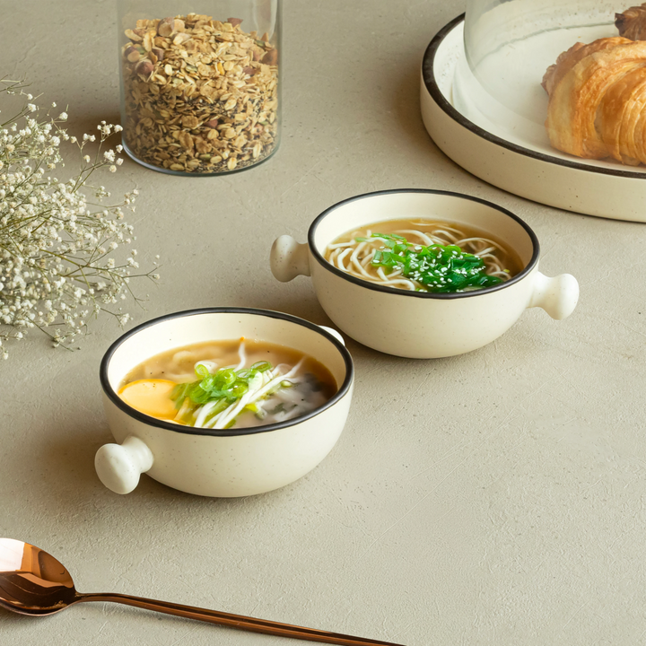 Handmade ceramic serving bowls with brown rim, 280ml capacity, durable and ethically designed.