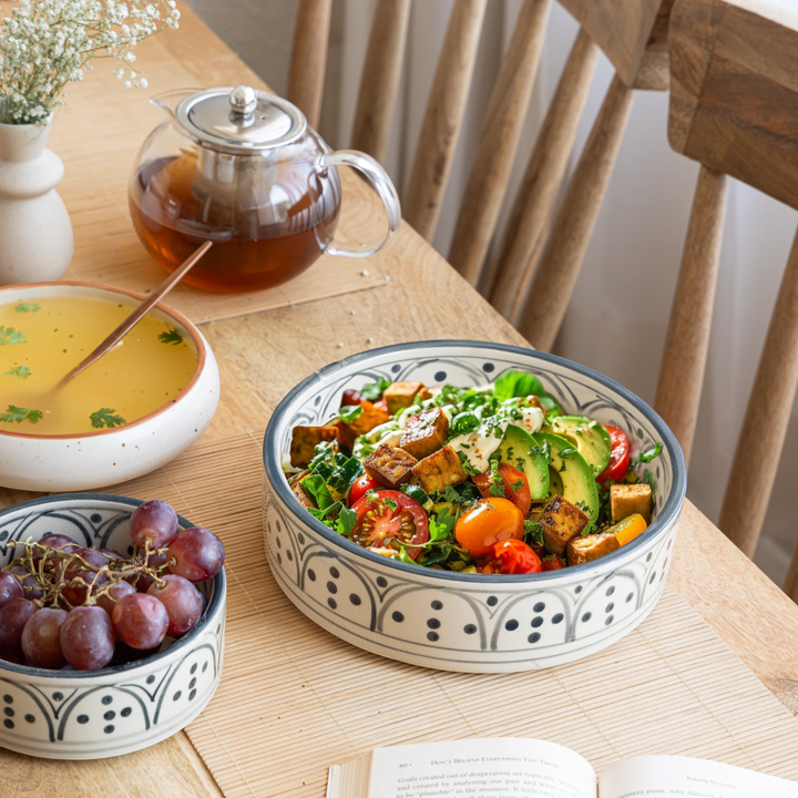 2L ivory ceramic bowl with grey design, handmade and non-toxic, perfect for salad or soup.