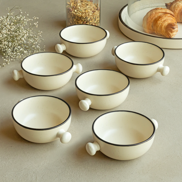 Set of 6 ivory ceramic serving bowls, 280ml each, handmade, non-toxic and perfect for safe dining.