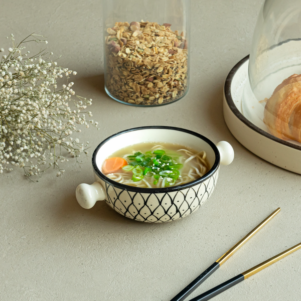 Luxurious 280ml ceramic bowls, white with black mesh, handmade, safe, with elegant side handles