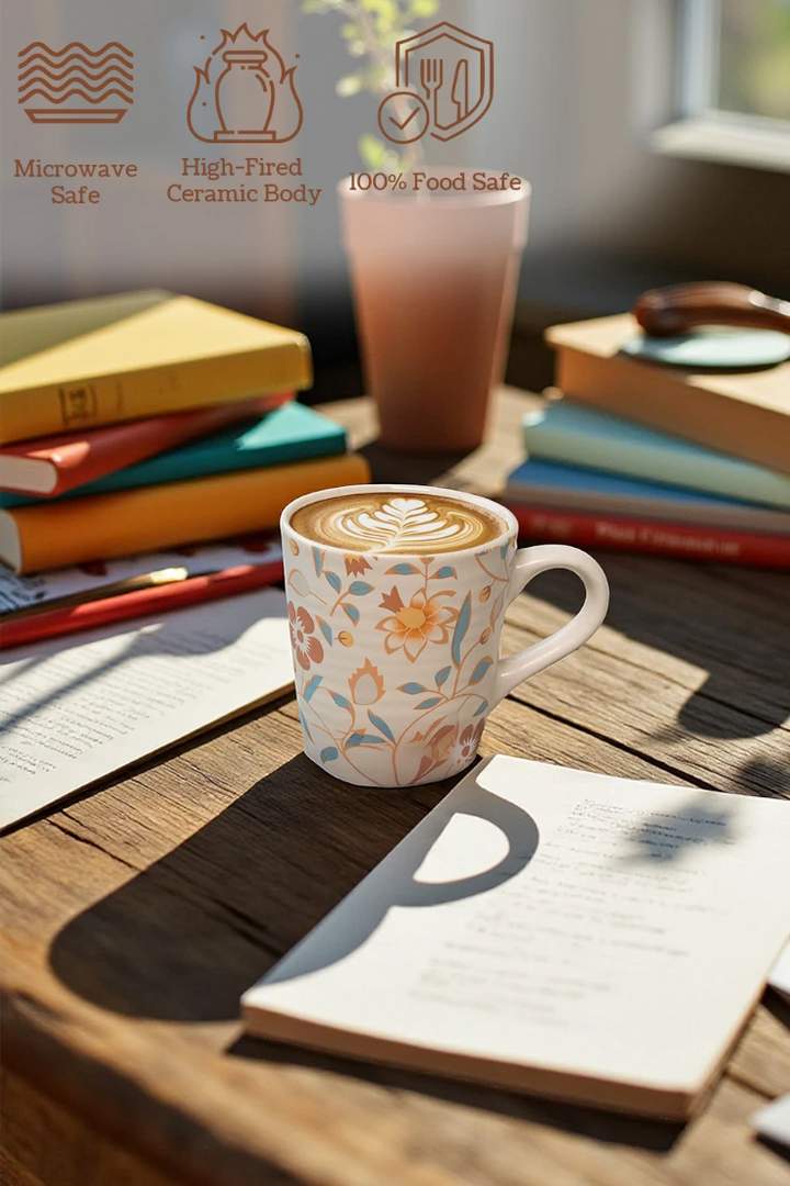 Cup of coffee with latte art on a wooden table with books and a glass of tea.