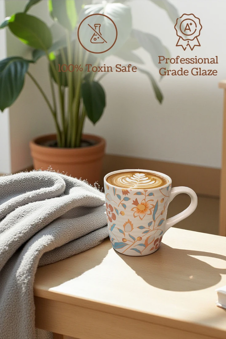 Decorative coffee mug with floral design on a wooden surface next to a plant and towel.