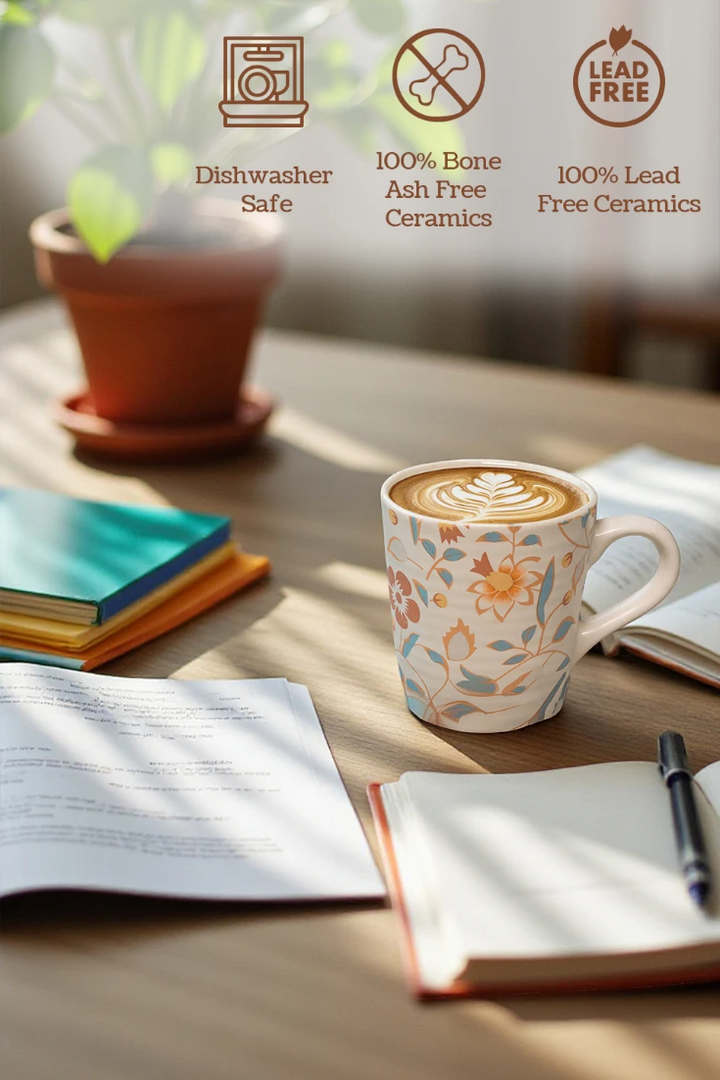 Coffee mug with floral design on a wooden table with books and a plant.