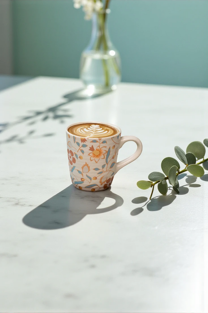 Cup of coffee with latte art on a marble surface with a vase and leaves in the background.