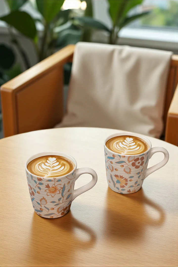 Two floral-patterned mugs with cappuccinos on a wooden table, with a chair and plants in the background.