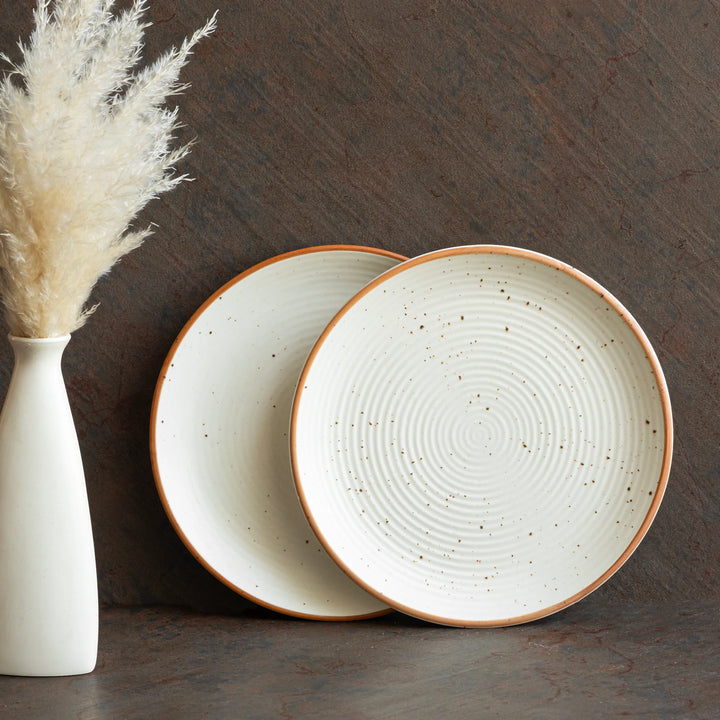 Microwave-safe ceramic quarter plate with speckled sand glaze, toxin-free and artisan made