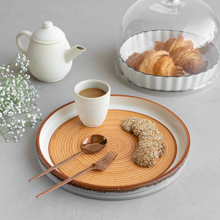 Multi-color ceramic tray in round shape, bone ash-free, perfect for stylish kitchen utility.
