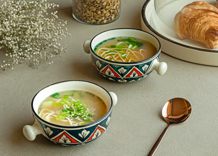 Artisan ceramic bowl set of 2, multicolor pattern, 280ml each, non-toxic and microwave safe.