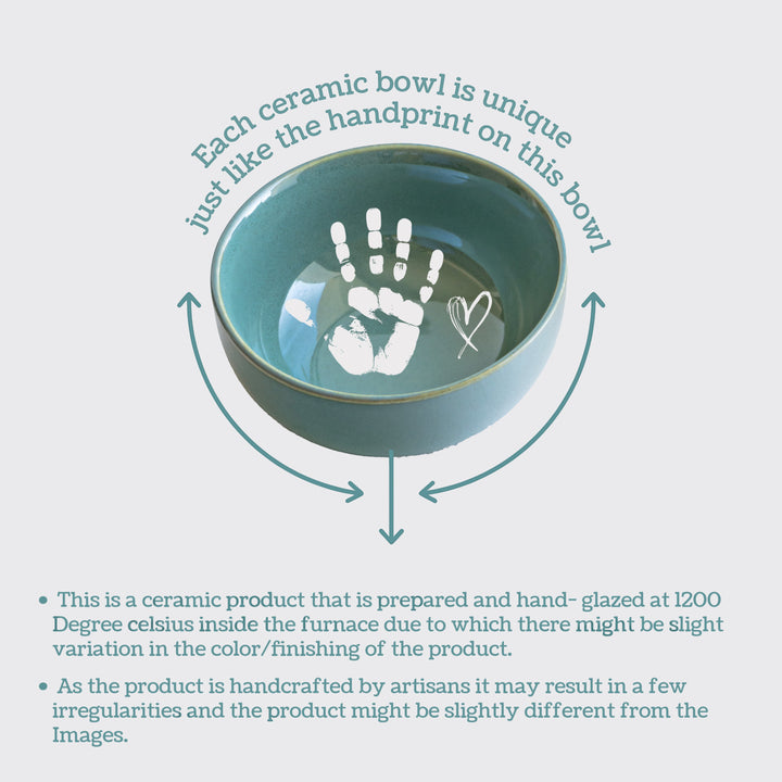 Each ceramic bowl is unique just like the handprint on this bowl.