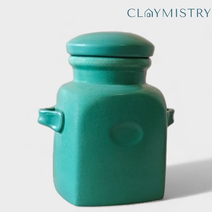 Handcrafted teal ceramic jar with lid, non-toxic and pretty addition to your kitchen or pantry.