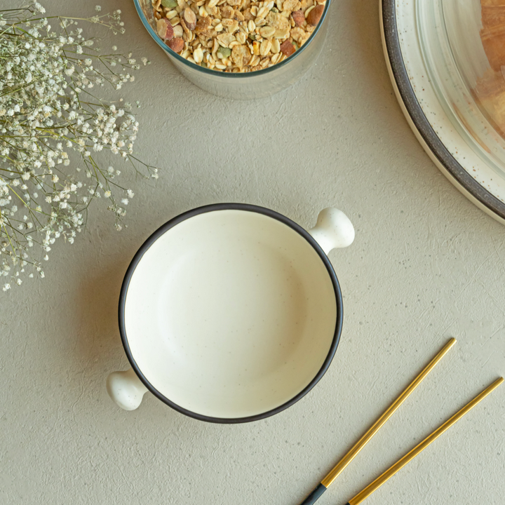 Non-toxic 280ml ceramic serving bowl set, ivory with speckles, safe and microwave friendly.