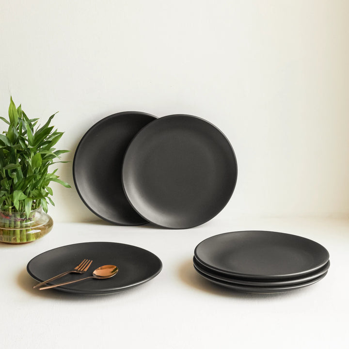 Deep black ceramic dinner plate with safe non-toxic construction, high-fired black ceramic plate