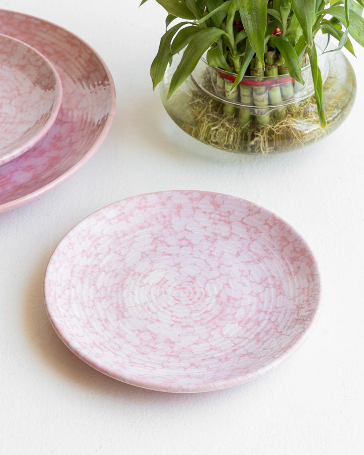 Artisan-crafted rose ceramic side plate, lead-free and cadmium-free with a glossy glazed finish