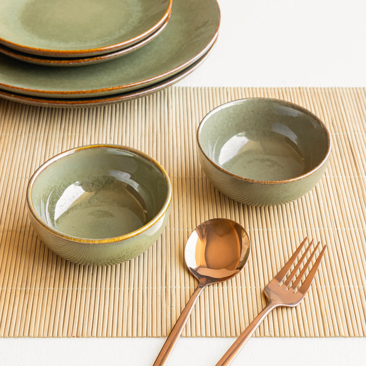 Handmade olive green ceramic bowl, non-toxic and bone ash-free with a fine glazed artisan finish.