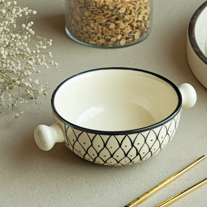 Premium 280ml artisan ceramic bowls, white with black mesh, glazed finish, safe and stylish.