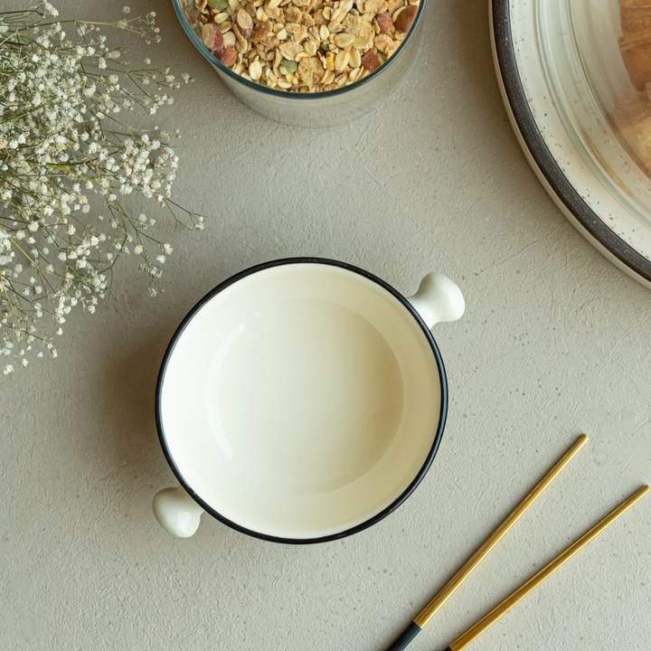 Premium 280ml white ceramic bowls, mesh pattern, non-toxic and beautiful with convenient handles.