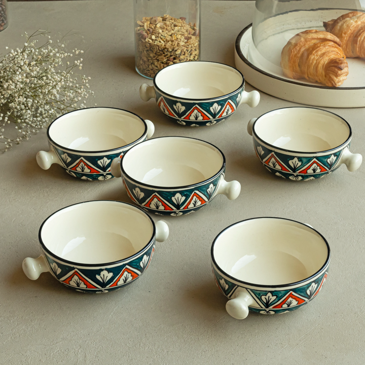 Pretty 280ml ceramic bowls with side handles, multicolored pattern, lead-free and ethically made.