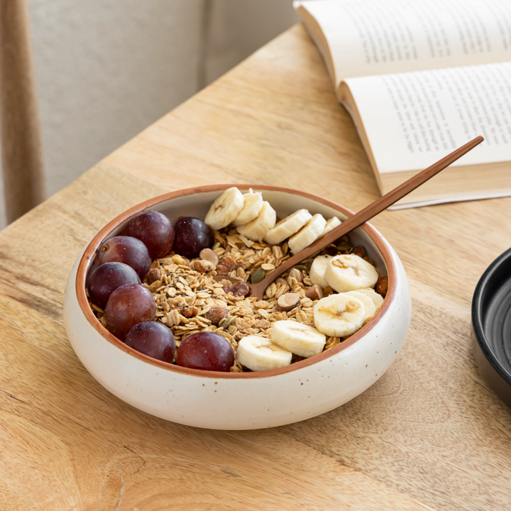 Beautiful round beige ceramic bowl with brown edge, 500ml, safe, durable and artisan made