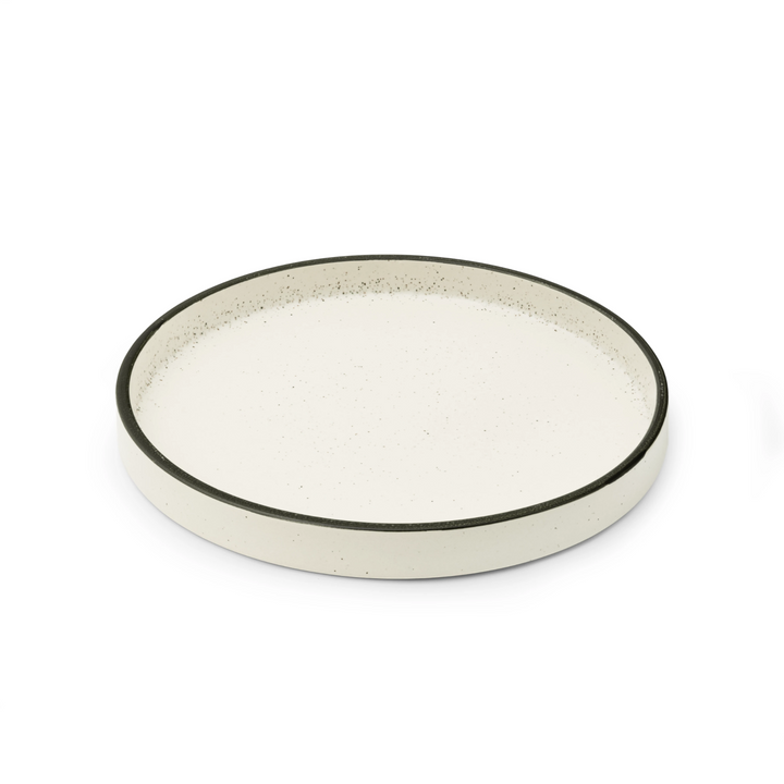 Elegant non-slip ceramic tray in sand with black rim, minimalist design and safe construction.