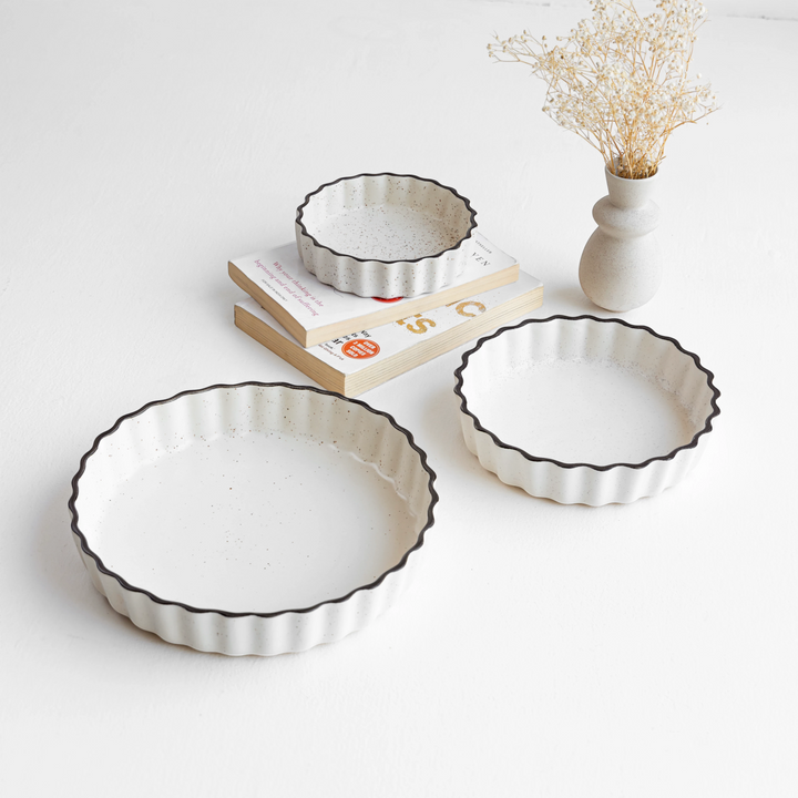 Beautiful round ceramic trays in white speckled finish, handmade and non-toxic serveware set.