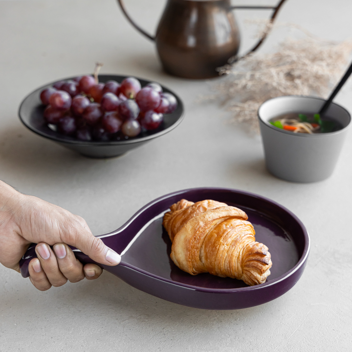 Beautiful round purple ceramic platter with handle, handmade and dishwasher safe for daily use.