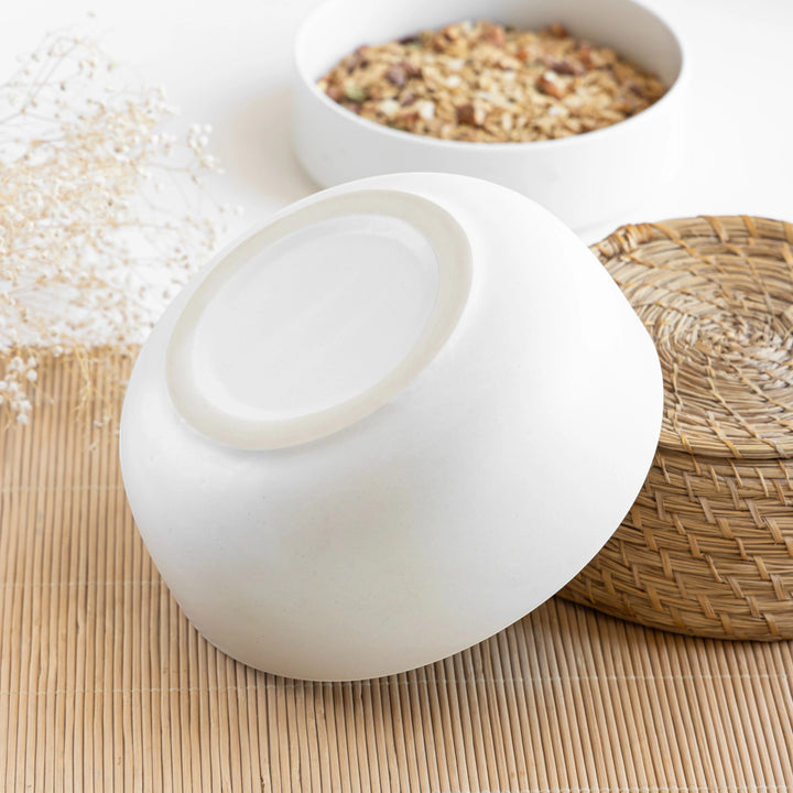 Pretty white round ceramic bowl, 1 litre, microwave safe and handmade by skilled artisans.