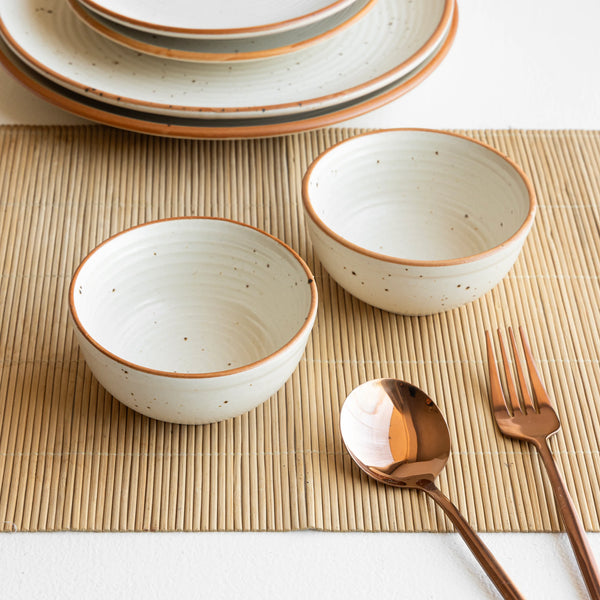 Handmade 180ml ceramic bowls in sand glaze with specks, non-toxic and microwave safe set of 2.