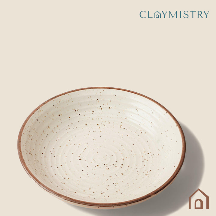 Speckled ceramic pasta bowl in sand and maroon, 1 litre, dishwasher safe and bone ash-free for everyday use.