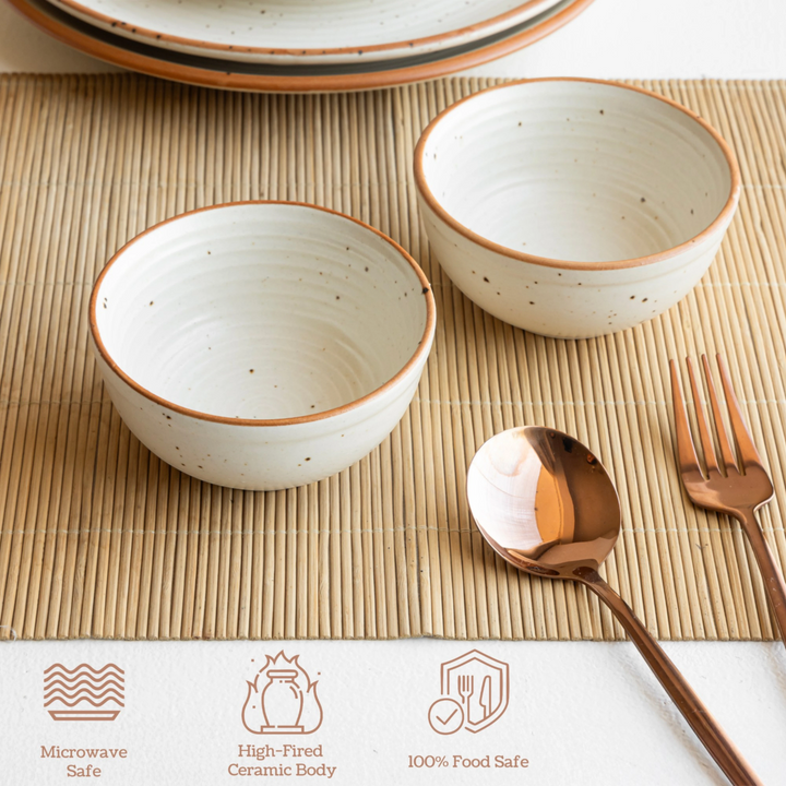 Microwave safe sand share ceramic plates and bowl set, handcrafted for fine dining at home.