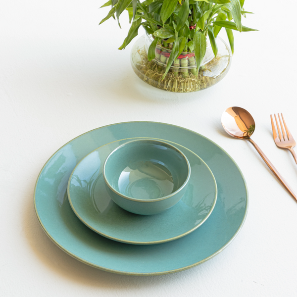 Handmade seafoam green ceramic dinner set with bowl and plates, perfect for safe home dining.